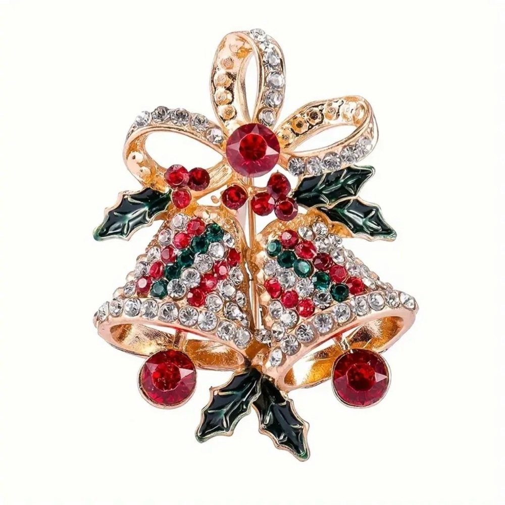 Elegant Christmas Jingle Bell Brooch Pin Sparkling Cubic Zirconia Holiday Gift